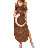 Vanuatu Indipendens Dei Summer Maxi Dress Yumi Sand Drawing Turtle Mix Lapita LT14 Women Brown - Polynesian Pride