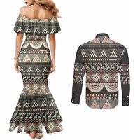 Vintage Bula Fiji Masi Couples Matching Mermaid Dress and Long Sleeve Button Shirt Fijian Tapa Cloth - Polynesian Pride