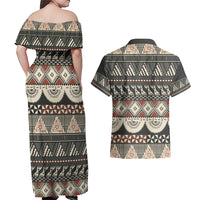 Vintage Bula Fiji Masi Couples Matching Off Shoulder Maxi Dress and Hawaiian Shirt Fijian Tapa Cloth - Polynesian Pride