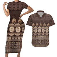 Bula Fiji Iri ni Meke Couples Matching Short Sleeve Bodycon Dress and Hawaiian Shirt Kuvui Fijian Masi - Polynesian Pride