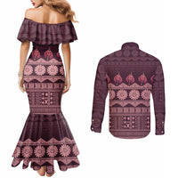 Bula Fiji Iri ni Meke Couples Matching Mermaid Dress and Long Sleeve Button Shirt Piqi Fijian Masi - Polynesian Pride