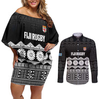 Fiji Tapa Rugby Custom Couples Matching Off Shoulder Short Dress and Long Sleeve Button Shirt Go Fijiana - Polynesian Pride
