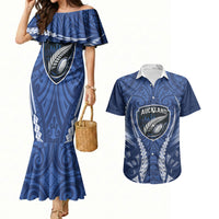 Auckland 2026 Rugby Custom Couples Matching Mermaid Dress and Hawaiian Shirt NZ Maori Silver Fern LT14 Blue - Polynesian Pride