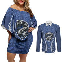 Auckland 2026 Rugby Custom Couples Matching Off Shoulder Short Dress and Long Sleeve Button Shirt NZ Maori Silver Fern LT14 Blue - Polynesian Pride