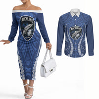 Auckland 2026 Rugby Custom Couples Matching Off The Shoulder Long Sleeve Dress and Long Sleeve Button Shirt NZ Maori Silver Fern LT14 Blue - Polynesian Pride