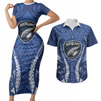 Auckland 2026 Rugby Custom Couples Matching Short Sleeve Bodycon Dress and Hawaiian Shirt NZ Maori Silver Fern LT14 Blue - Polynesian Pride