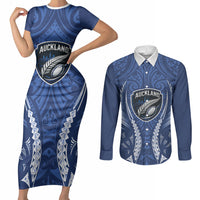 Auckland 2026 Rugby Custom Couples Matching Short Sleeve Bodycon Dress and Long Sleeve Button Shirt NZ Maori Silver Fern LT14 Blue - Polynesian Pride