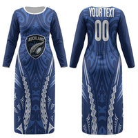 Auckland 2026 Rugby Custom Family Matching Long Sleeve Bodycon Dress and Hawaiian Shirt NZ Maori Silver Fern LT14 Mom's Dress Blue - Polynesian Pride