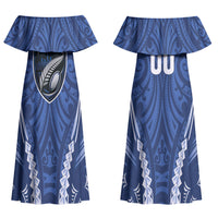 Auckland 2026 Rugby Custom Family Matching Off Shoulder Maxi Dress and Hawaiian Shirt NZ Maori Silver Fern LT14 Mom's Dress Blue - Polynesian Pride