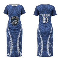 Auckland 2026 Rugby Custom Family Matching Short Sleeve Bodycon Dress and Hawaiian Shirt NZ Maori Silver Fern LT14 Mom's Dress Blue - Polynesian Pride
