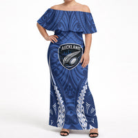Auckland 2026 Rugby Custom Off Shoulder Maxi Dress NZ Maori Silver Fern LT14 Women Blue - Polynesian Pride