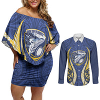 Bay of Plenty 2026 Rugby Custom Couples Matching Off Shoulder Short Dress and Long Sleeve Button Shirt NZ Maori Silver Fern LT14 Blue - Polynesian Pride