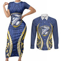 Bay of Plenty 2026 Rugby Custom Couples Matching Short Sleeve Bodycon Dress and Long Sleeve Button Shirt NZ Maori Silver Fern LT14 Blue - Polynesian Pride