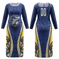 Bay of Plenty 2026 Rugby Custom Family Matching Long Sleeve Bodycon Dress and Hawaiian Shirt NZ Maori Silver Fern LT14 Mom's Dress Blue - Polynesian Pride