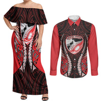 Canterbury 2026 Rugby Custom Couples Matching Off Shoulder Maxi Dress and Long Sleeve Button Shirt NZ Maori Silver Fern LT14 Red - Polynesian Pride