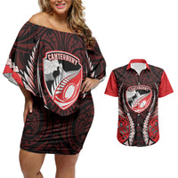 Canterbury 2026 Rugby Custom Couples Matching Off Shoulder Short Dress and Hawaiian Shirt NZ Maori Silver Fern LT14 Red - Polynesian Pride