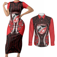 Canterbury 2026 Rugby Custom Couples Matching Short Sleeve Bodycon Dress and Long Sleeve Button Shirt NZ Maori Silver Fern LT14 Red - Polynesian Pride