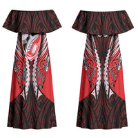 Canterbury 2026 Rugby Custom Family Matching Off Shoulder Maxi Dress and Hawaiian Shirt NZ Maori Silver Fern LT14 Mom's Dress Red - Polynesian Pride