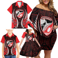Canterbury 2026 Rugby Custom Family Matching Off Shoulder Short Dress and Hawaiian Shirt NZ Maori Silver Fern LT14 - Polynesian Pride