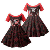 Canterbury 2026 Rugby Custom Family Matching Off Shoulder Short Dress and Hawaiian Shirt NZ Maori Silver Fern LT14 Daughter's Dress Red - Polynesian Pride