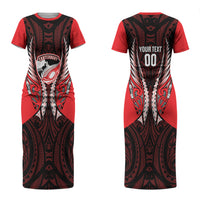 Canterbury 2026 Rugby Custom Family Matching Short Sleeve Bodycon Dress and Hawaiian Shirt NZ Maori Silver Fern LT14 Mom's Dress Red - Polynesian Pride