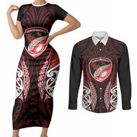 Counties Manukau 2026 Rugby Custom Couples Matching Short Sleeve Bodycon Dress and Long Sleeve Button Shirt NZ Maori Silver Fern LT14 Red - Polynesian Pride