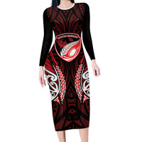 Counties Manukau 2026 Rugby Custom Long Sleeve Bodycon Dress NZ Maori Silver Fern LT14 Long Dress Red - Polynesian Pride