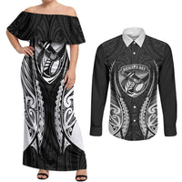 Hawke's Bay 2026 Rugby Custom Couples Matching Off Shoulder Maxi Dress and Long Sleeve Button Shirt NZ Maori Silver Fern LT14 Black - Polynesian Pride