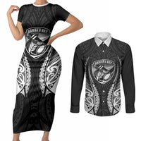 Hawke's Bay 2026 Rugby Custom Couples Matching Short Sleeve Bodycon Dress and Long Sleeve Button Shirt NZ Maori Silver Fern LT14 Black - Polynesian Pride
