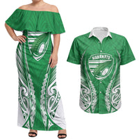 Manawatu 2026 Rugby Custom Couples Matching Off Shoulder Maxi Dress and Hawaiian Shirt NZ Maori Silver Fern LT14 Green - Polynesian Pride