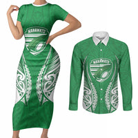 Manawatu 2026 Rugby Custom Couples Matching Short Sleeve Bodycon Dress and Long Sleeve Button Shirt NZ Maori Silver Fern LT14 Green - Polynesian Pride