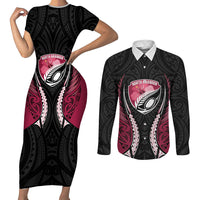 North Harbour 2026 Rugby Custom Couples Matching Short Sleeve Bodycon Dress and Long Sleeve Button Shirt NZ Maori Silver Fern LT14 Maroon - Polynesian Pride