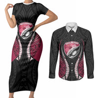 North Harbour 2026 Rugby Custom Couples Matching Short Sleeve Bodycon Dress and Long Sleeve Button Shirt NZ Maori Silver Fern LT14 Maroon - Polynesian Pride