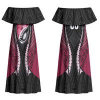 North Harbour 2026 Rugby Custom Family Matching Off Shoulder Maxi Dress and Hawaiian Shirt NZ Maori Silver Fern LT14 Mom's Dress Maroon - Polynesian Pride