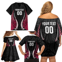 North Harbour 2026 Rugby Custom Family Matching Off Shoulder Short Dress and Hawaiian Shirt NZ Maori Silver Fern LT14 Mom's Dress Maroon - Polynesian Pride