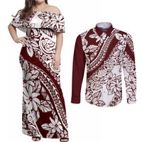 Polynesian Tropical Flowers Oxblood Color Couples Matching Off Shoulder Maxi Dress and Long Sleeve Button Shirt LT14 Oxblood - Polynesian Pride