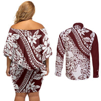 Polynesian Tropical Flowers Oxblood Color Couples Matching Off Shoulder Short Dress and Long Sleeve Button Shirt LT14 - Polynesian Pride