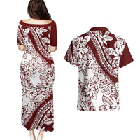 Polynesian Tropical Flowers Oxblood Color Couples Matching Puletasi and Hawaiian Shirt LT14 - Polynesian Pride