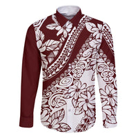 Polynesian Tropical Flowers Oxblood Color Family Matching Long Sleeve Bodycon Dress and Hawaiian Shirt LT14 Dad's Shirt - Long Sleeve Oxblood - Polynesian Pride