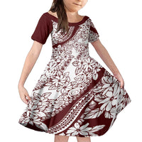 Polynesian Tropical Flowers Oxblood Color Family Matching Off Shoulder Maxi Dress and Hawaiian Shirt