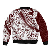 Polynesian Tropical Flowers Oxblood Color Sleeve Zip Bomber Jacket