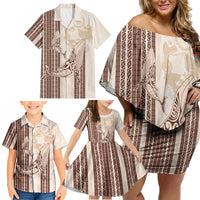 Swimming With Humpback Whales Season Tonga Family Matching Off Shoulder Short Dress and Hawaiian Shirt Tongan Tofuaa Ngatu Pattern Brown LT14 - Polynesian Pride