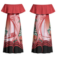 Vavau Sailing Festival Tonga Personalised Family Matching Off Shoulder Maxi Dress and Hawaiian Shirt Humpback Whale Sailboat Tropical Vibes LT14 Mom's Dress Red - Polynesian Pride