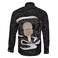 Black New Zealand Eel Family Matching Off Shoulder Short Dress and Hawaiian Shirt Aotearoa Maori Tuna With Kotiate Weapon