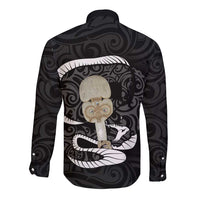 Black New Zealand Eel Long Sleeve Button Shirt Aotearoa Maori Tuna With Kotiate Weapon