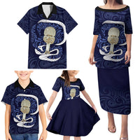 Blue New Zealand Eel Family Matching Puletasi and Hawaiian Shirt Aotearoa Maori Tuna With Kotiate Weapon