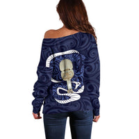 Blue New Zealand Eel Off Shoulder Sweater Aotearoa Maori Tuna With Kotiate Weapon