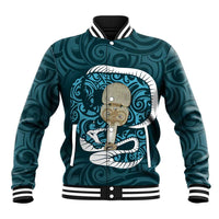 Turquoise New Zealand Eel Baseball Jacket Aotearoa Maori Tuna With Kotiate Weapon LT14 Unisex Turquoise - Polynesian Pride