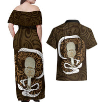 Gold New Zealand Eel Couples Matching Off Shoulder Maxi Dress and Hawaiian Shirt Aotearoa Maori Tuna With Kotiate Weapon