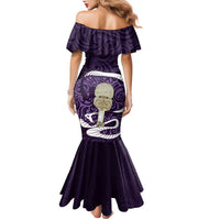 Purple New Zealand Eel Family Matching Mermaid Dress and Hawaiian Shirt Aotearoa Maori Tuna With Kotiate Weapon